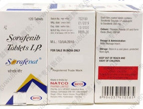 Natco Sorafenib Sorafenat 200mg*120 tabletten Hepatocellulair carcinoom, niercelcarcinoom, schildklierkanker, gastro-intestinale stromale tumor, desmoïde tumor, angiosarcoom, solitaire fibreuze tumor,